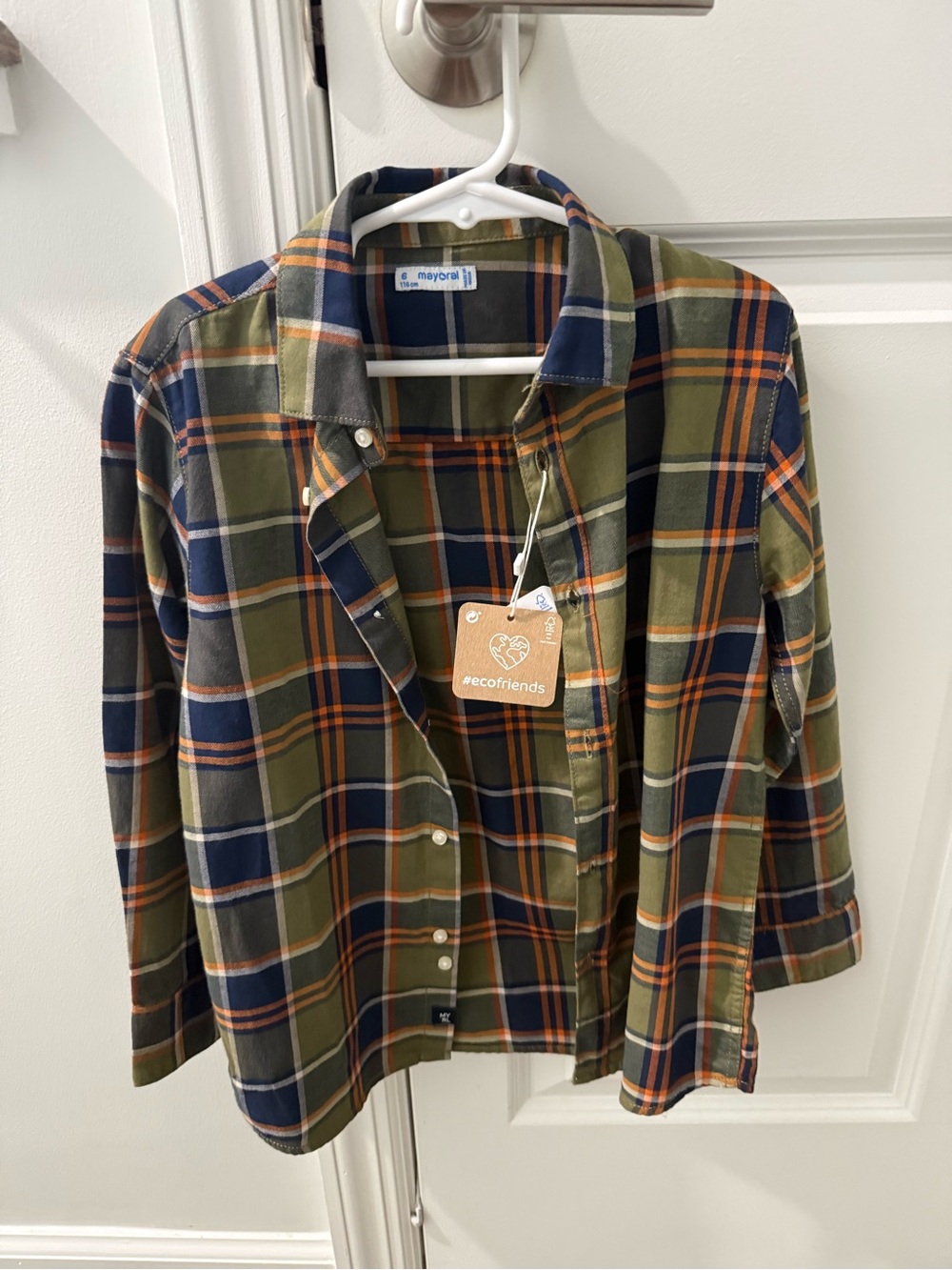Mayoral Olive, Navy & Orange Plaid Kids Button-Down Shirt size 6